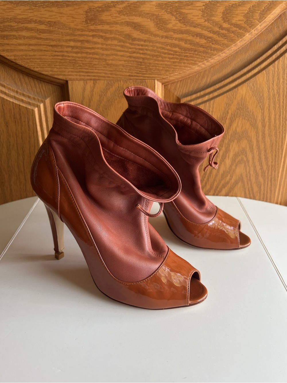 Bally Brown Leather Patent Suede Peep Toe Lace-Up Ankle Booties Stiletto Heels